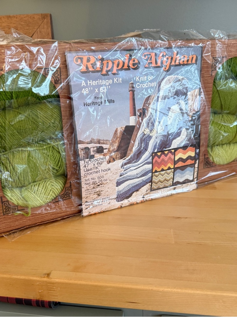 Vintage Ripple Afghan Crochet Knit Kit Heritage Mills 48x63 Avocado Green NEW